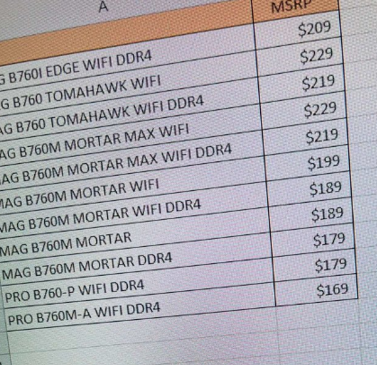 微星 B760 主板泄漏显示价格从 169 美元到 229 美元不等